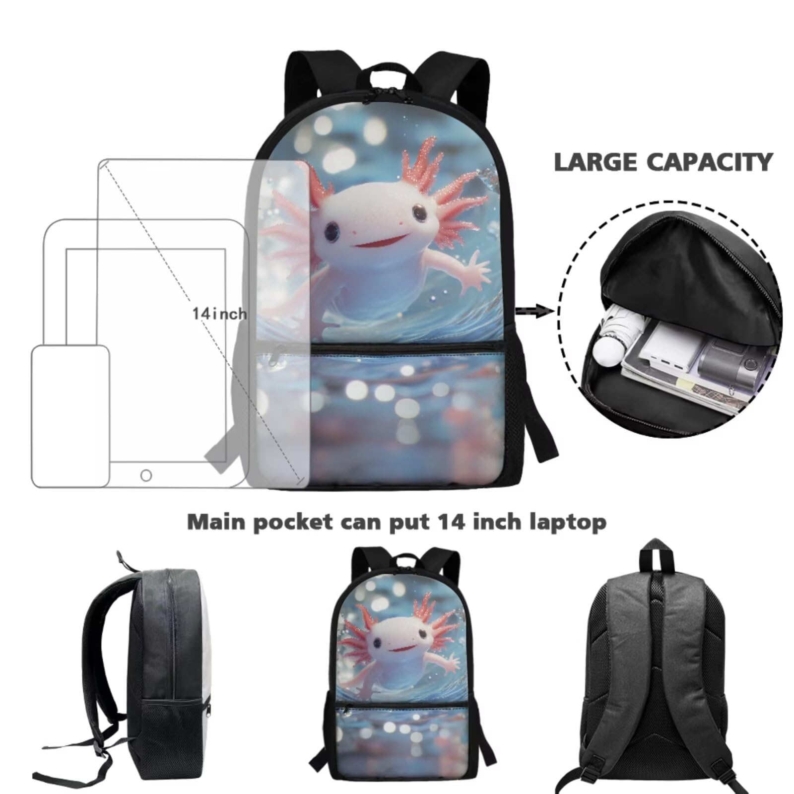 Kinder-Schultaschen, Rucksack, Lunchbox-Set mit Wasserflaschenhalter, Federmäppchen, 4-teiliges Set, Axolotl Wasserdruck, Einheitsgröße, Schulranzen-Set