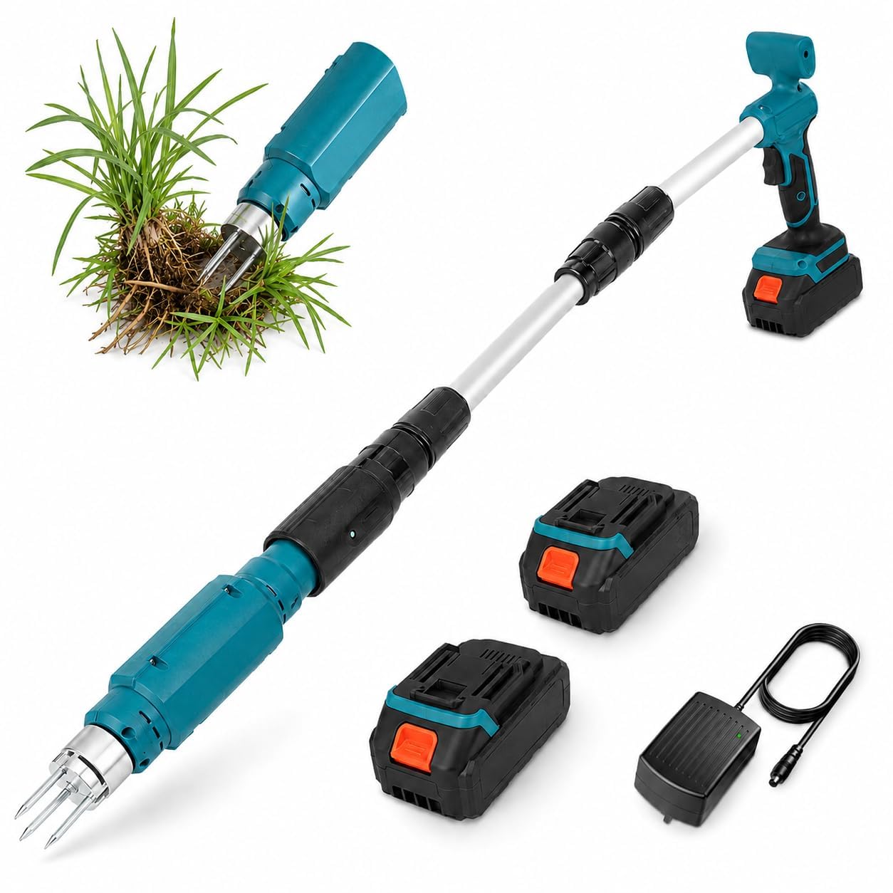Extracteur de mauvaises herbes électrique avec poignée réglable, tête en acier à 3 griffes et 2 batteries 2,0 Ah pour désherber facilement le jardin