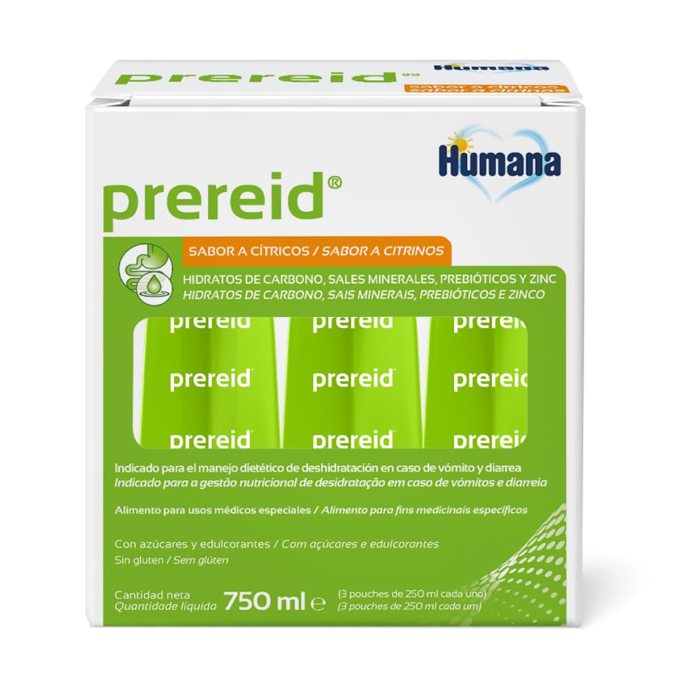Prereid, solución de rehidratación oral para niños y adultos con hidratos de carbono, sales minerales y fibras prebióticas, 3 pouches de 250ml.