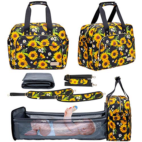 Sunflower Diaper Bag 4 in 1 Diaper Bag Backpack Baby Travel Organizer Bag with Foldable Baby Bassinet Bed, Backpack Bag with Changing Station Pad, 4 Ways Carrying Portable Mommy Bag