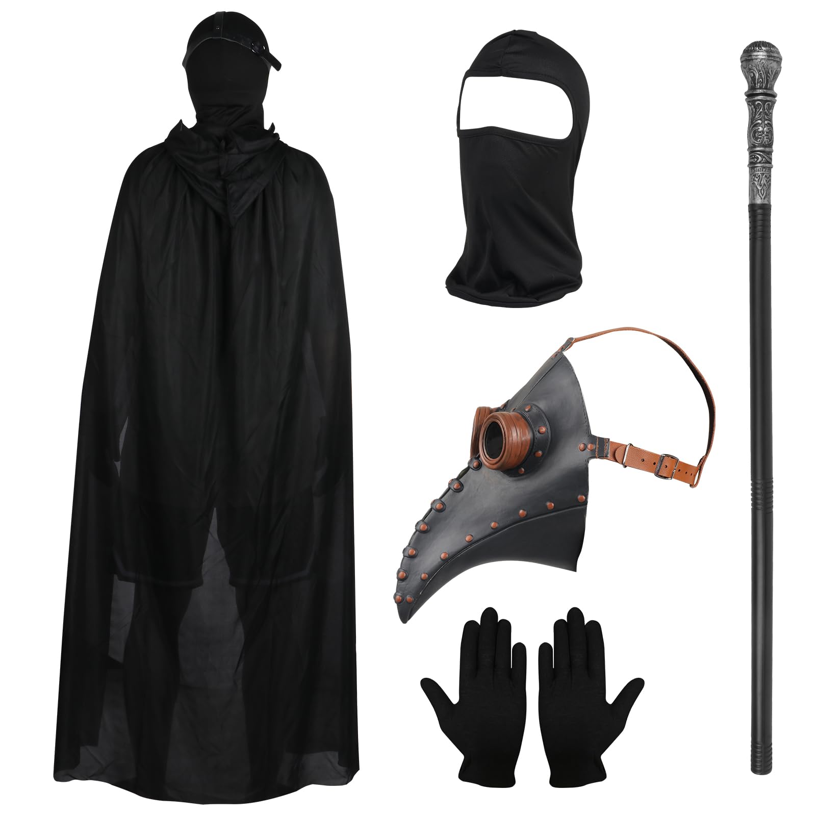 Lifreer Halloween Cosplay Costume Set, Plague Doctor Mask with Long Nose Beak, Black Gloves, Hooded Cloak, Full Face Mask