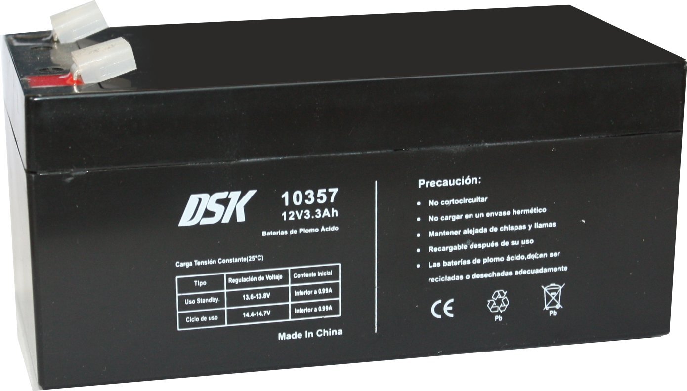 DSK 10357 - Batteria al piombo sigillata AGM ricaricabile da 12V 3,​3 Ah. Ideale per auto e moto elettriche per bambini, sistemi UPS/​UPS, sistemi di sicurezza e comunicazione, luci di emergenza, nero