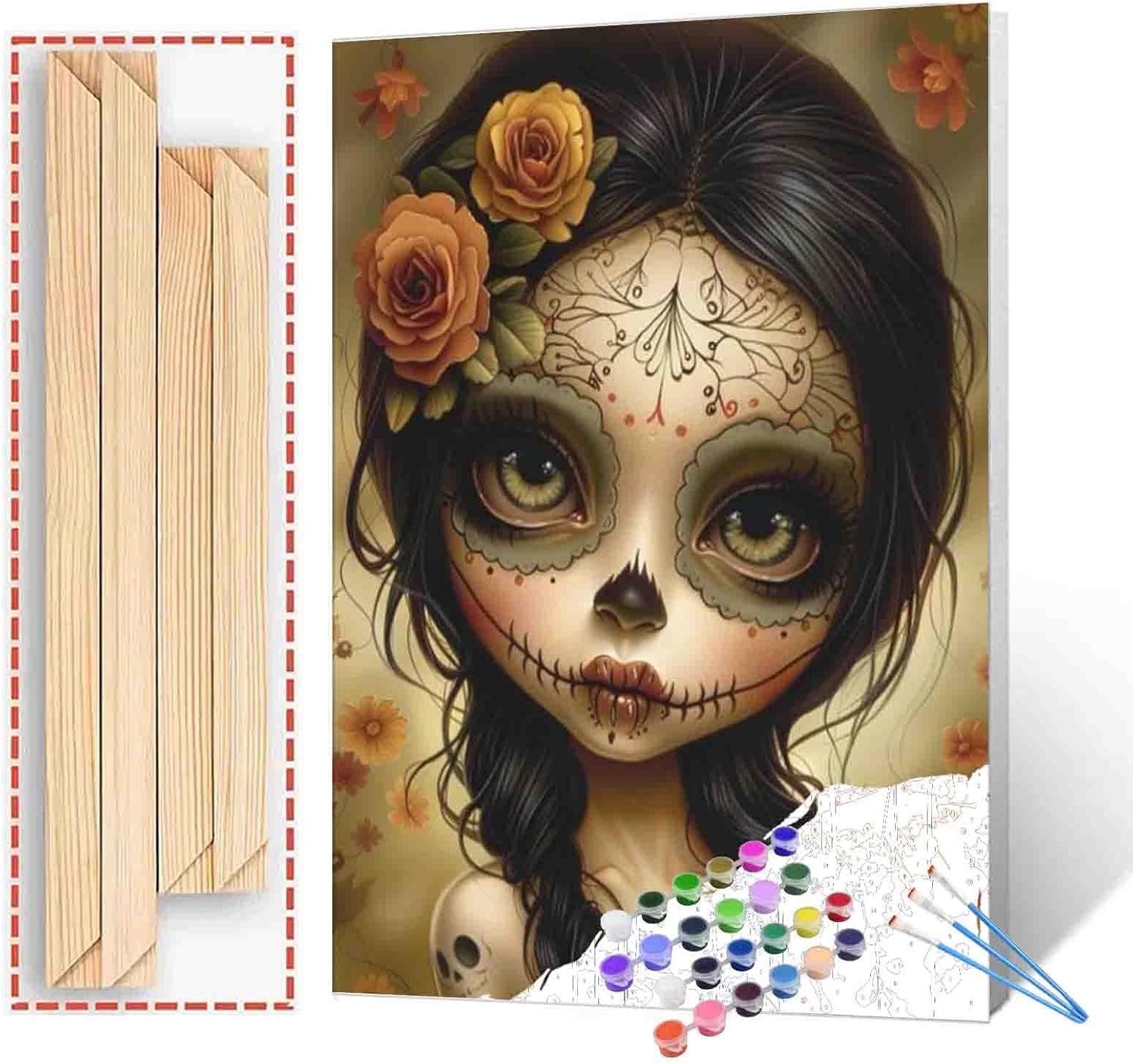Tucocoo Day of The Dead Little Doll Girl Paint by Number Beautiful Girl Portrait DIY Painting on Canvas with Brushes Acrylic Paints Paint by Numbers for Adults and Kids Beginner 16x20 Inch?DIY Frame? 16''x20''(DIY Frame) Little Girl 01