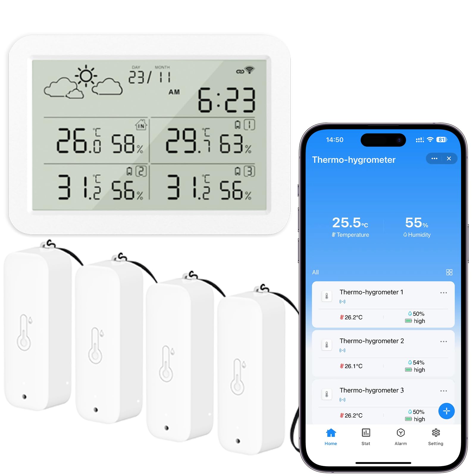WIOONI WLAN Thermometer Hygrometer Innen Außen mit LCD-Display, WiFi Temperatursensor mit App, Tuya/Smart Life Kompatibel für Weinkeller, Gewächshaus, 4 Sensoren und 1 Basisstation