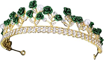 FRCOLOR Pearl Headband Wedding Rose Tiaras for Women Crystal Pearl Birthday Princess for Girls Rose Flower Fairy Accessories Headband for Cosplay Party Prom Green Tiara