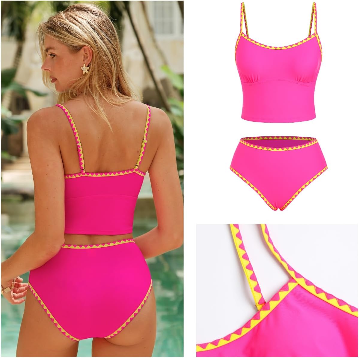 ZAFUL Tankini Swimsuit for Women High Waisted Swimwear Tummy Control Color Contrast Two Piece Bathing Suits