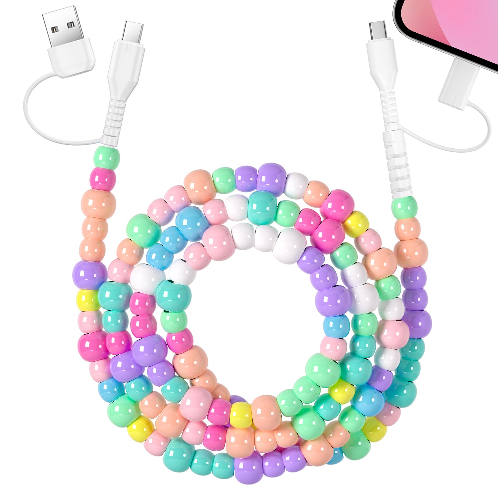 WESADN Cable USB C 4 en 1, cable de carga múltiple para iPhone, cable de carga de cuentas de color caramelo, cable de carga de 3.3 pies, certificado MFi, cables de carga rápida tipo C/USB/iOS para