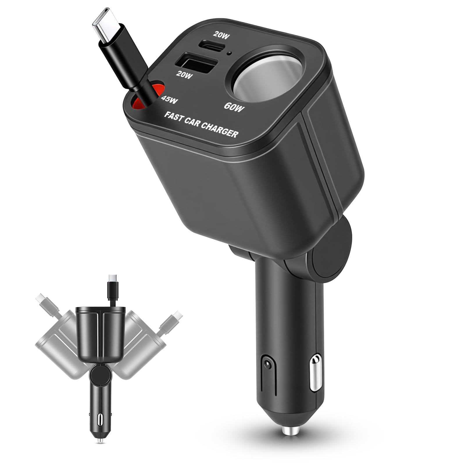 4 in 1 presa accendisigari USB C, 145 W, caricatore da auto con cavo retrattile di tipo C, adattatore USB da 12 V/24 V, compatibile con iPhone17/16/Samsung S26