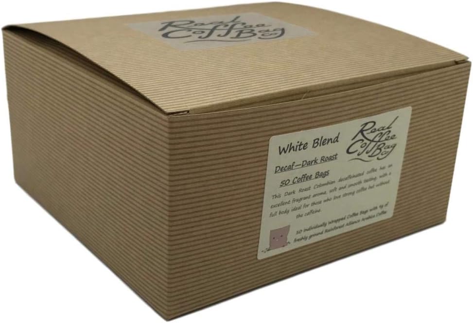 White Blend Individually Wrapped Decaffeinated Dark Roasted Arabica Fresh Ground Coffee Bags - Pack of 50 Bags by Real Coffee Bag Co.
