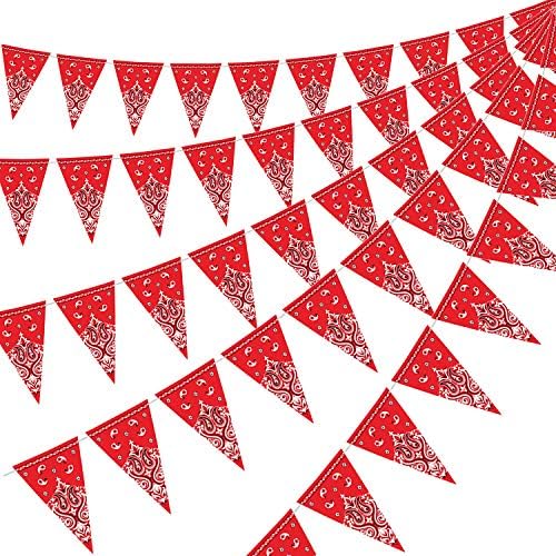 Boao 5 Pack Western Cowboy Party Decorations Bandana Pennant Banner Wild West Decor Western Cowboy Themed Yee Haw Country Party Decoration Supplies 9.8 x 5 ft(Red Paisley)