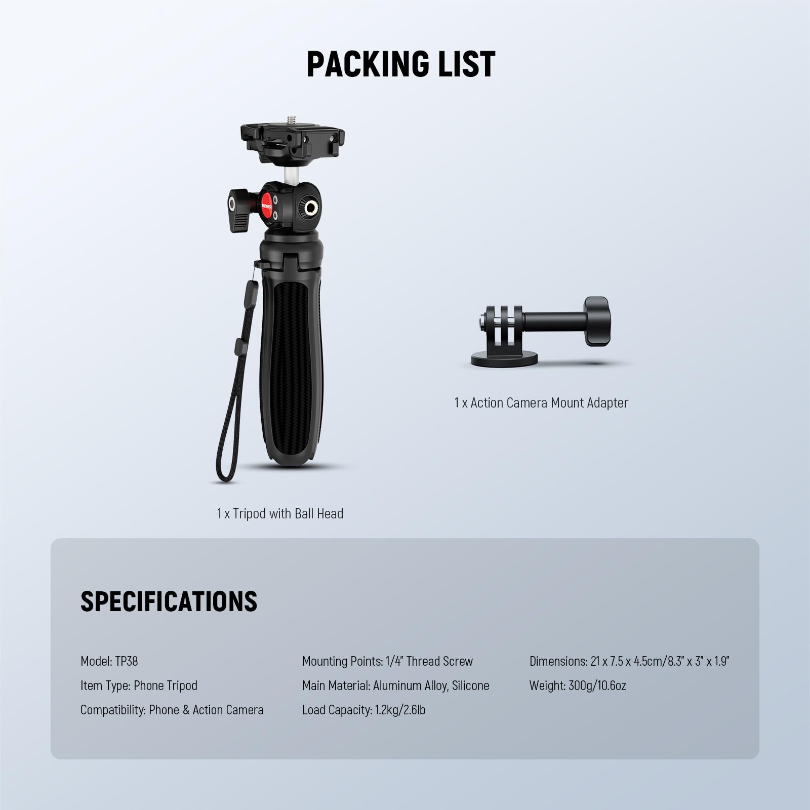 NEEWER TP38 Handy Kamera Stativ, 15" ausziehbarer Selfie Stick Mini Tripod Stand mit Telefonhalter, Action Cam Adapter kompatibel mit Gopro Hero 13 12 11 10 9, 360° Kugelkopf Reisestativ für Vlogging