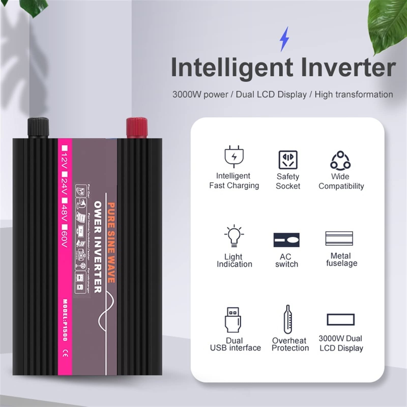 Inverter a onda sinusoidale pura Inverter a onda sinusoidale pura 3000W DC 12V / 24V AC 220 50Hz Inverter di potenza Spina europea Convertitore for auto a casa Energia solare(3000W-24V)