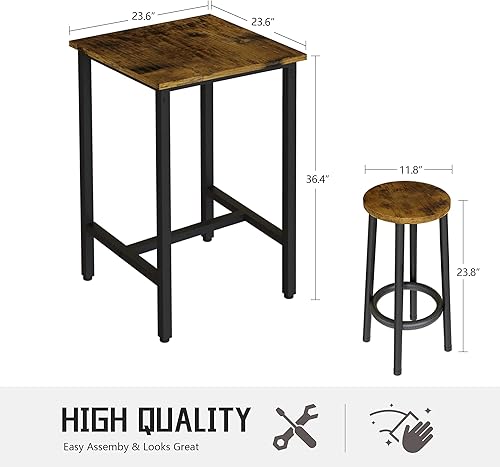Miniatura 7 de HOOSENG - Juego de mesa de bar, 3 piezas, cuadrada, color marrón rústico incluye una mesa y 2 taburetes industrial, 36" de alto x 24" de ancho,