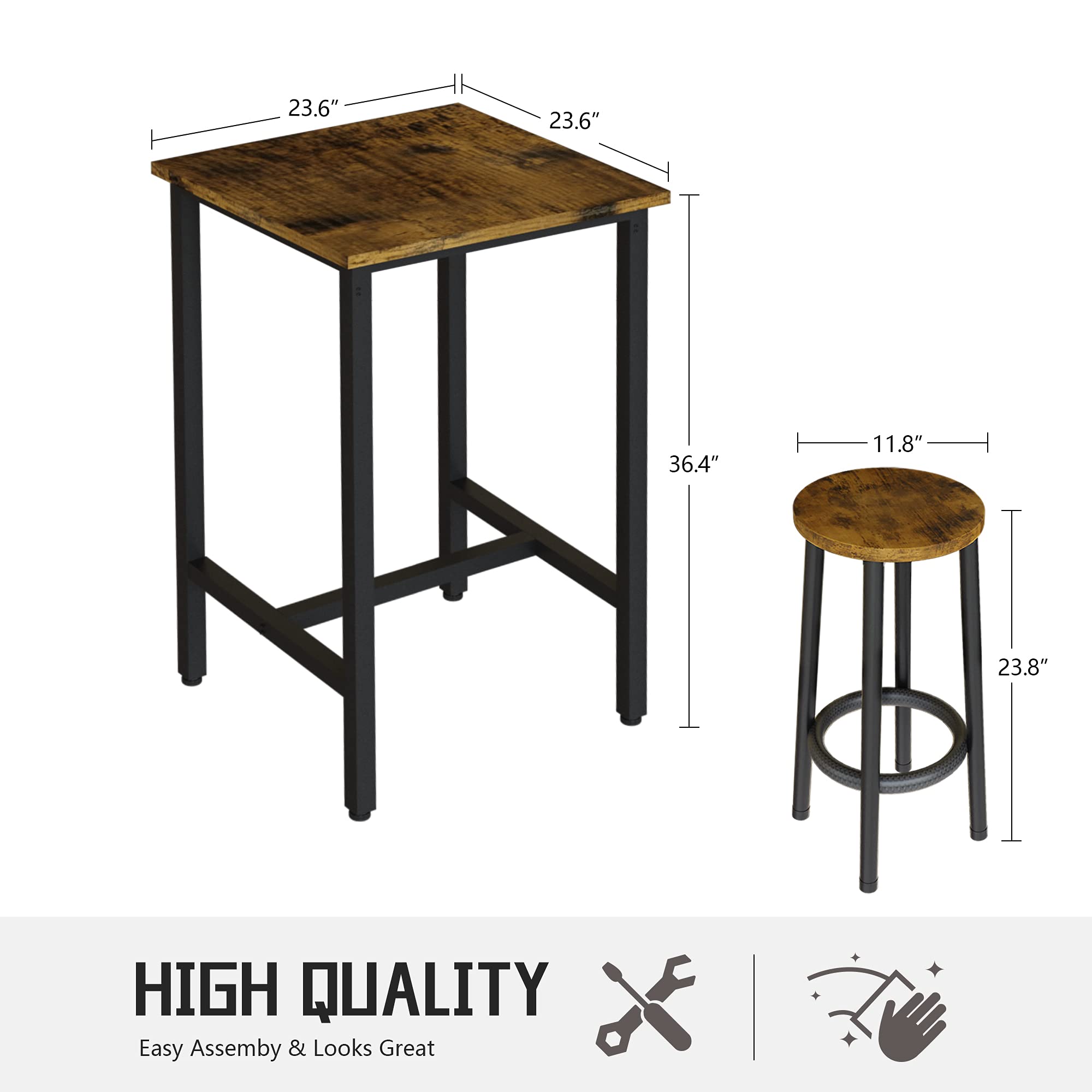 Buy HOOSENG Bar Table Set3PCS Square Kitchen CounterIndustrial Dining