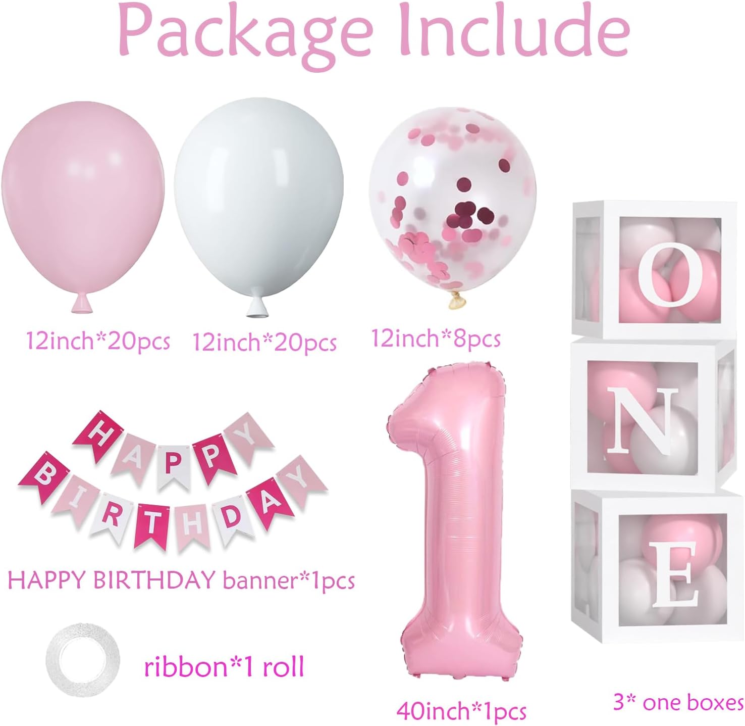 Baby Girl First Birthday Decorations-Pastel Pink White Balloons, 40 Inch Pink 1 Balloons, Happy Birthday Banner One Balloon Boxes For 1 Year Old Girl BD Decorations - Image 3