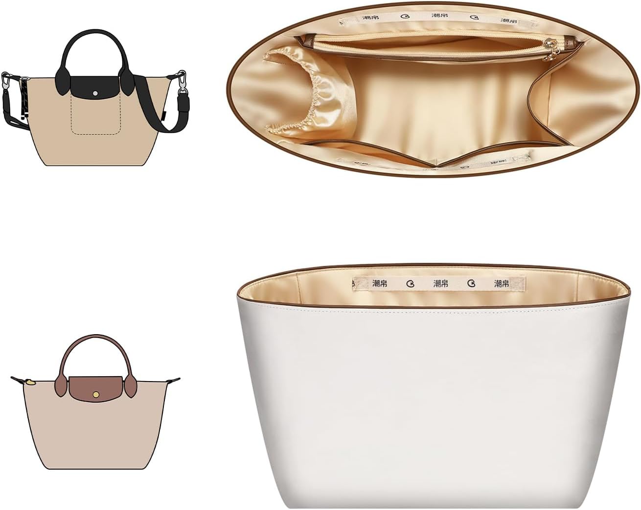 GIVLEFLY Purse Organizer Insert Fit for Le Pliage Original Medium Top Handle Bag, Organizer Insert with Cup Holder, Light Weight Purse Liner (Beige Lining, Medium)