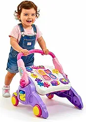 Andador Infantil Musical 4 em 1, Rosa e Roxo, com Mesa de Atividades, Sons e Texturas, Andador Bebê Equilíbrio Primeiros Passos, Mesinha de Atividades
