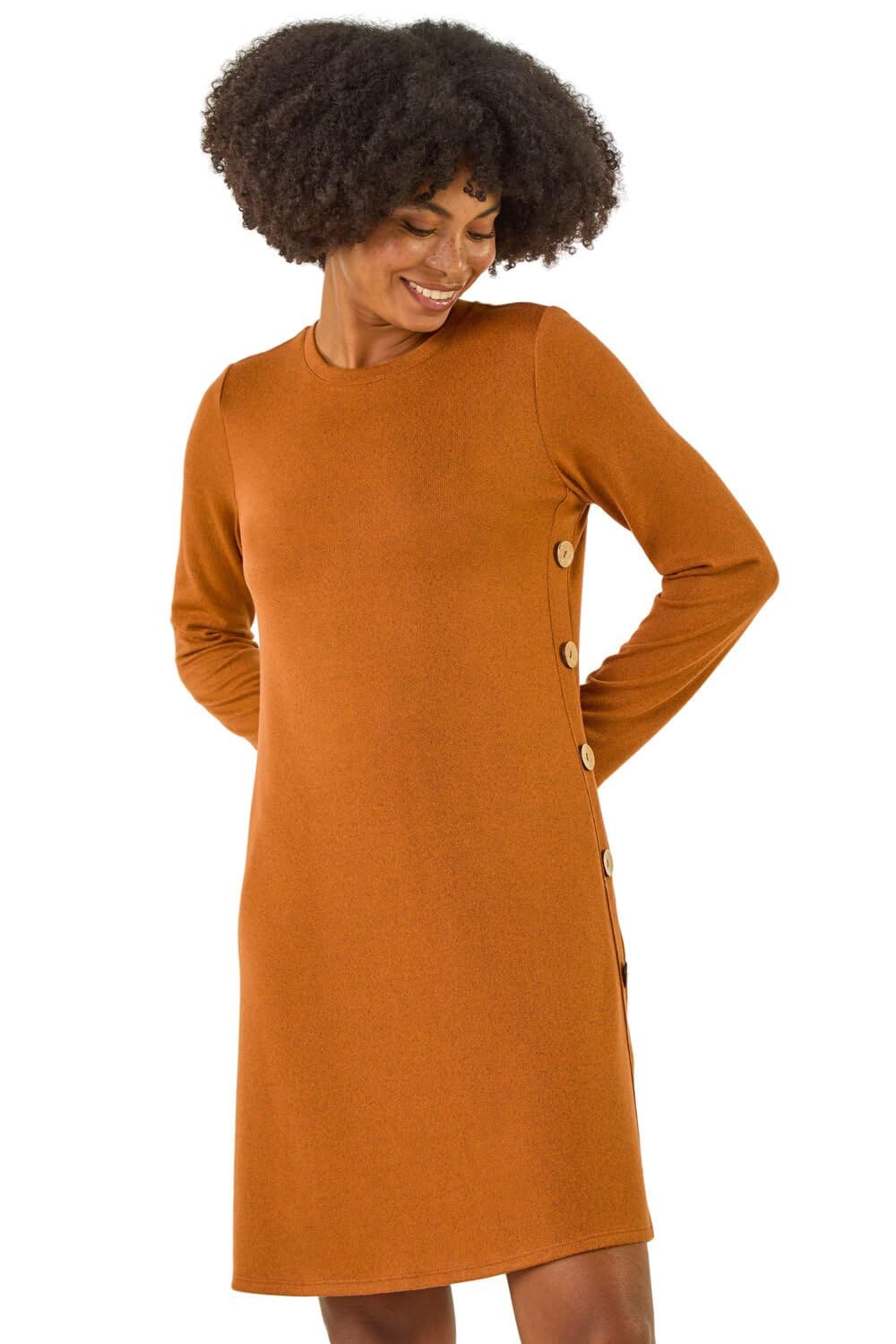 Roman Originals Women's Orange Tunic Dress With Pockets For Uk Swing Fit & Flare Skater Slouch Stretchy Casual Smart Winter Jersey Pull On Work Office 3/4 Long Sleeves - Size 16