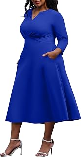 Women's Plus Size Stretchy Flared Wrap Dress Casual Wedding Guest Midi Dresses V Neck 3/4 Sleeve A-Line Swing Dress