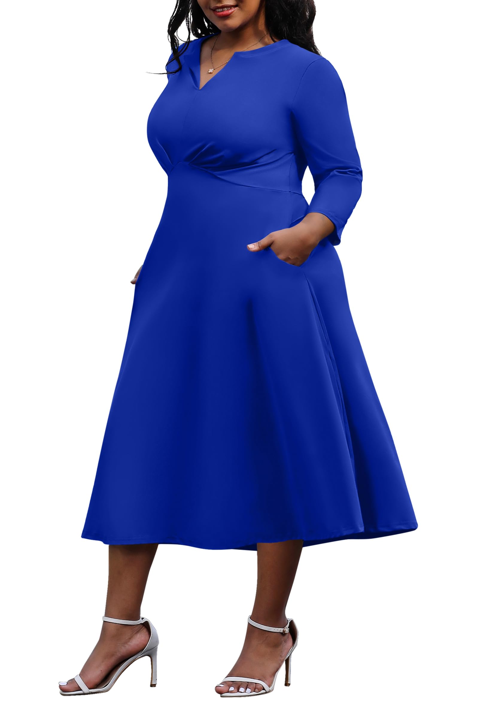 Nmoder Women's Plus Size Stretchy Flared Wrap Dress Casuel Wedding Guest Work Midi Dresses V Neck 3/4 Sleeve A-Line Dress