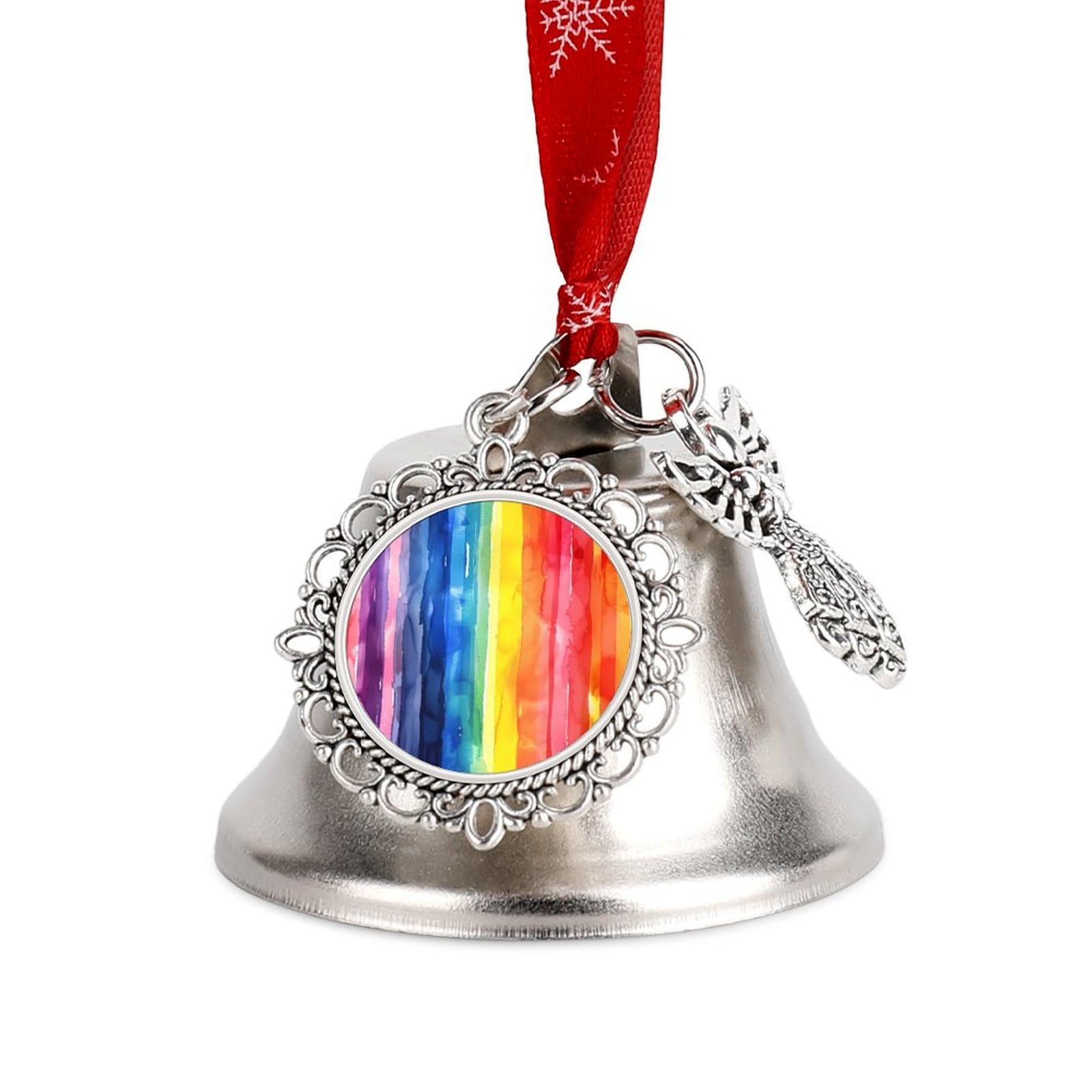 Watercolor Rainbow Stripes Funny Christmas Bell Ornament Cute Xmas Tree Hanging Pendant Decoration for Holidays Party