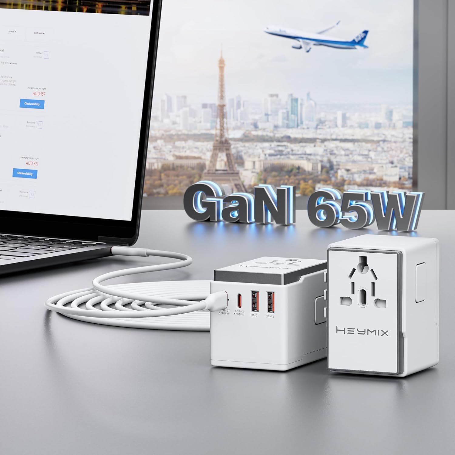 HEYMIX LIFE Universal Travel Adapter - 65W USB-C Travel Charger, 45W/30W/25W/20W International Power Adapter with USB C Fast Charging, Plug for US/UK/EU GaN Charger