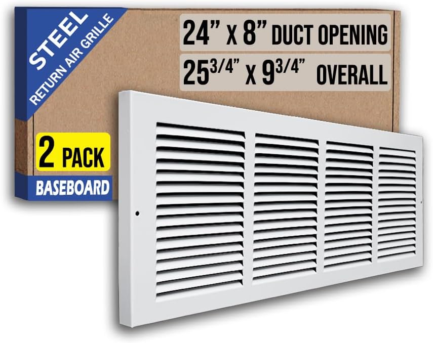 [2 Pack] Fits 24x8 Duct Opening | Steel Baseboard Return Air Grille by Handua | Vent Cover Grill | 7/8" Margin Turnback [Depth] to Fit Baseboard | White | Outer Dimensions: 25.75"W X 9.75 "H