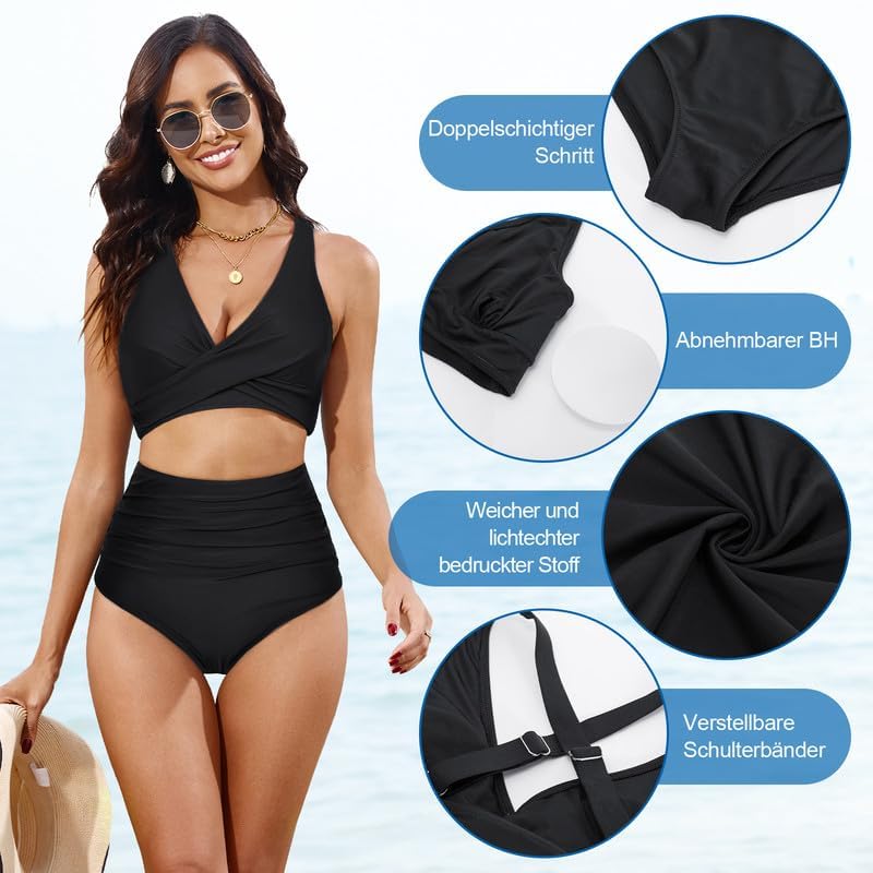 JASAMBAC Damski zestaw bikini, wyszczuplający brzuch, owijane górne części bikini i wysoki stan, miękka moda kąpielowa, regulowana odzież kąpielowa, wyszczuplający brzuch, wyściełane stroje plażowe