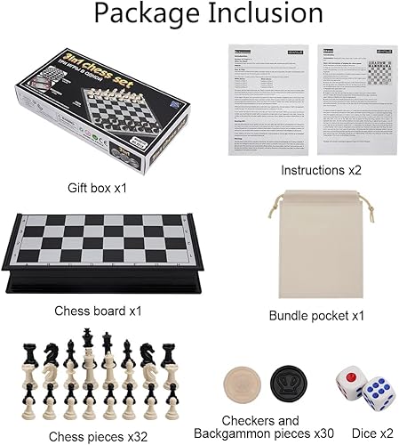 Miniatura 7 de Kaile - Set de ajedrez 3 en 1 con damas y backgammon ajedrez magnético de viaje con estuche plegable de 13 pulgadas