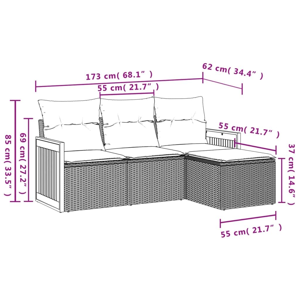Set de sofás de jardín de ratán sintético Gris con Cojines, 4 Piezas modulares para terraza, Patio o balcón, Muebles Exteriores Resistentes y cómodos para reunión y Ocio al Aire Libre