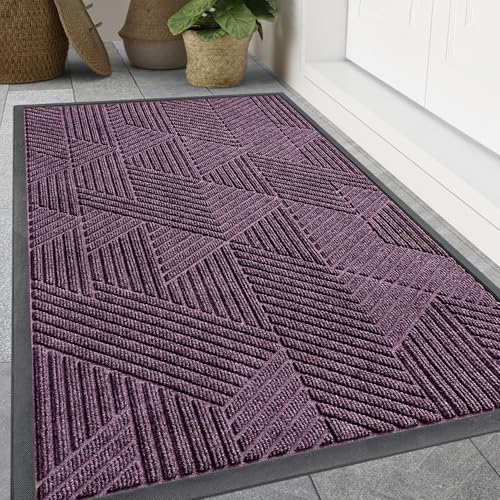 Image of Smiry Front Door Mat Outside Entrance, Heavy Duty Sturdy Natural Rubber Doormat, Trap Dirt and Moisture, Easy Clean Low Profile Mats for Indoor Outdoor Entry, Irregular Triangle (47x32, Purple)