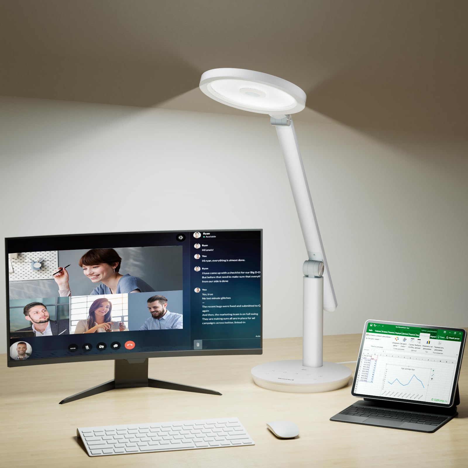 Honeywell Lampara Escritorio, H6 Sunturalux ™ Flexo LED Escritorio, Lámpara de Escritorio Regulable de 800 lm con Temporizador, Lámpara de Mesa para Cámara Web Circular, Estudio y Dormitorio