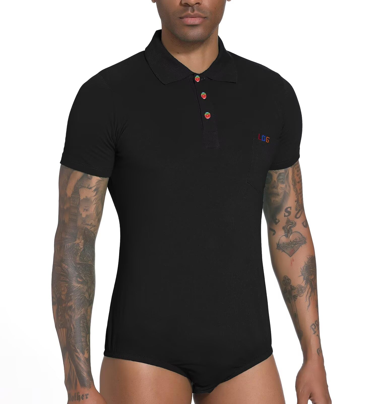 Landofgenie One Piece Chemise à col Rond boutonnée pour Homme Collants Manches Courtes Pyjama à Capuche Leotard