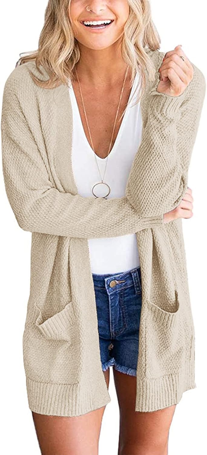MEROKEETY Women's Long Sleeve Cardigan Sweaters Open Front Waffle Knit Cozy Sweater Coat with Pockets