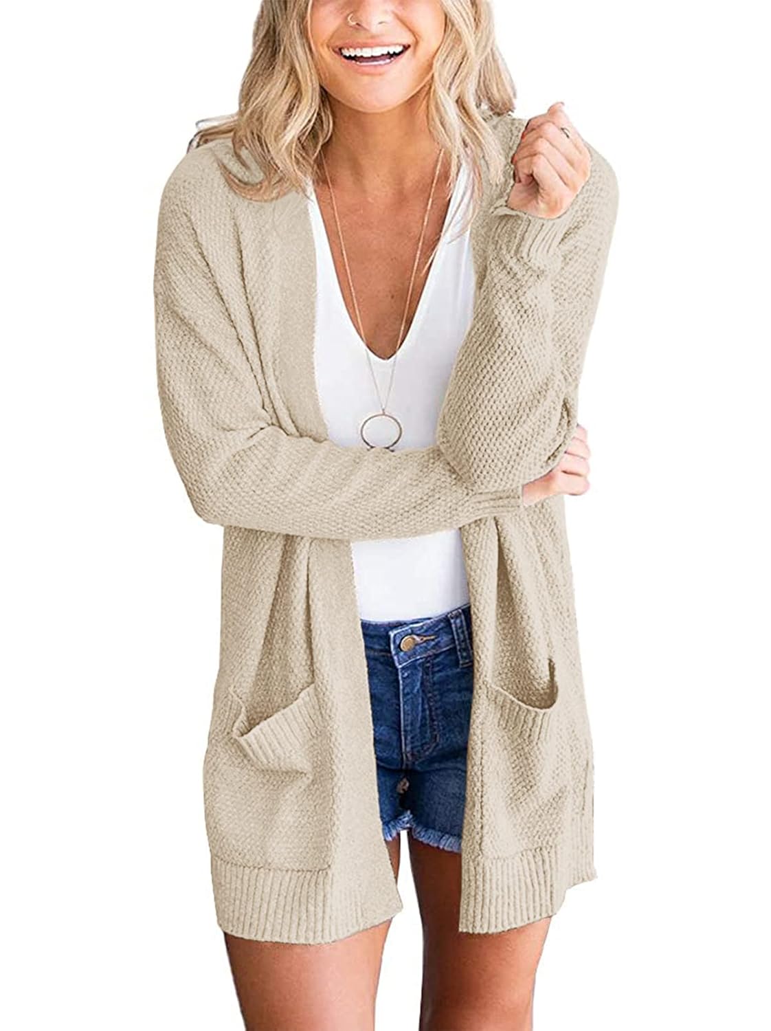 MEROKEETY Womens Long Sleeve Cardigan Sweaters Open Front Waffle Knit Cozy Sweater Coat with Pockets