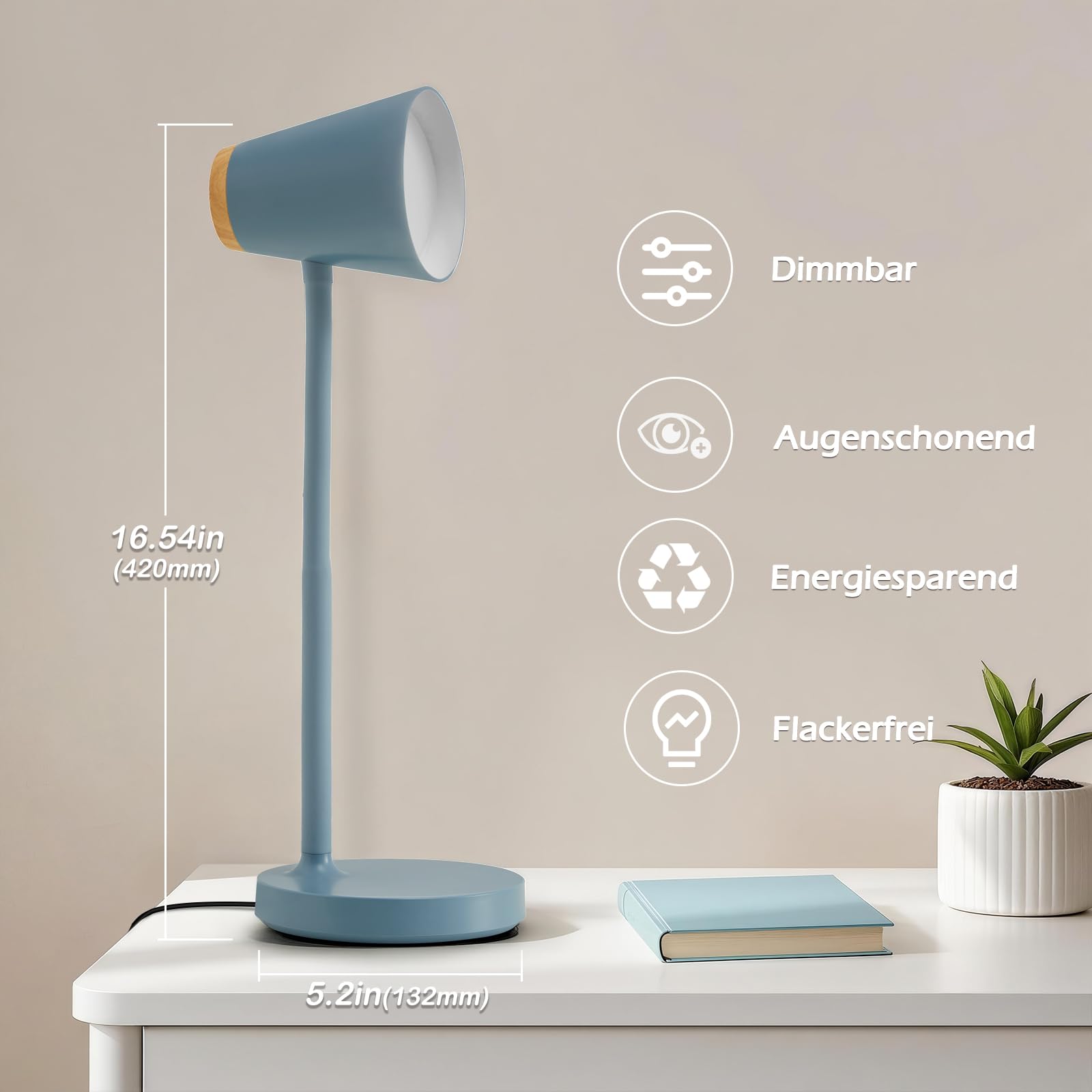 GyroVu Schreibtischlampe LED, Touch Tischlampe Dimmbar Augenschutz, Flexibler Gänsehals Desk Lamp für Kinder, Leselicht für Schlafzimmer, Nachttisch, Studierzimmer, Büros, Blau