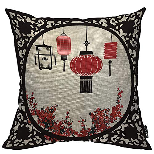 Mugod Chinese Lantern Decorative Pillow Case Chinese Festival Mid Autumn New Year Window Flower Red Throw Pillow Cover Home Decor Cotton Linen Square Cushion Cover for Couch Bed Sofa 16X16 Inch