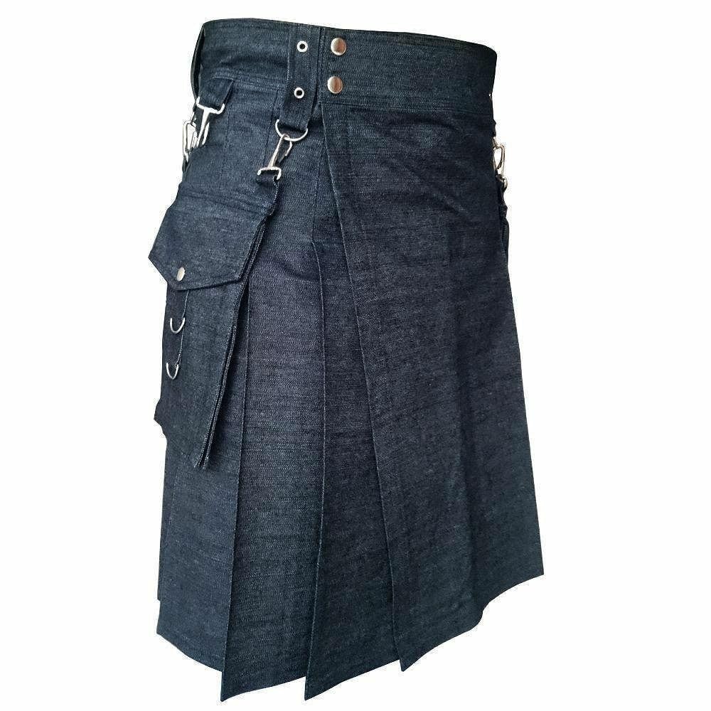 Traditioneller schottischer Universal-Kilt aus schwarzem Denim mit abnehmbaren Taschen, D-Ringen aus Metall, plissiertes Design
