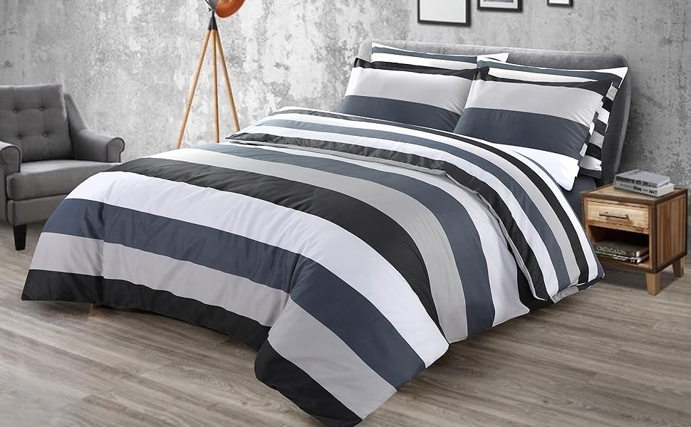 SeventhStitch Double Duvet Cover Set - Super Soft Brushed Microfibre Hotel Quality Gift Bedding, Lightweight, Grey Quilt Covers Double King Superking Size Reversible Bed Sets (Grey Stripe, Double)