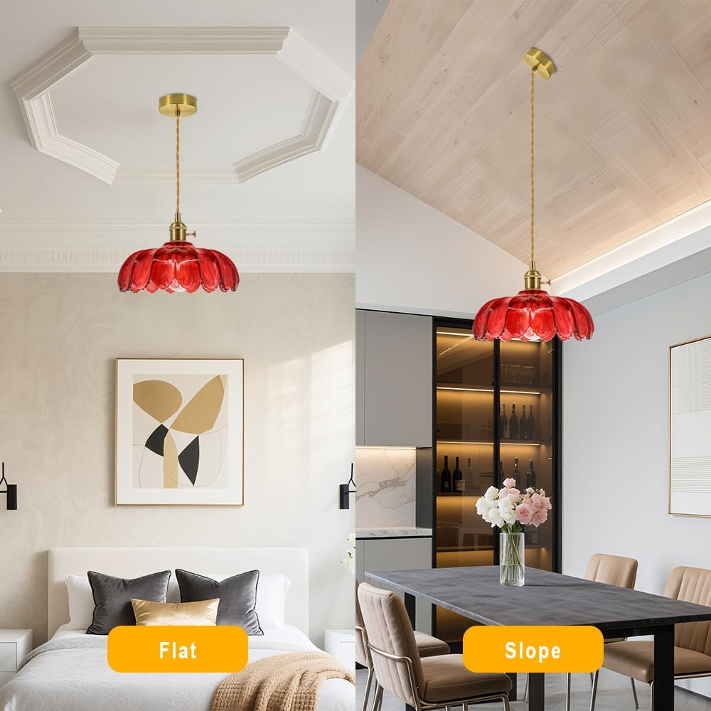 Red Pendant Lights Kitchen Island,Flower Hanging Light,Glass Shade,Brass Base,59" Cord,Vintage Light Fixtures Lamps for Living Room,Dining,Bedroom,Hallway,Entryway,Foyer,Indoor Chandelier