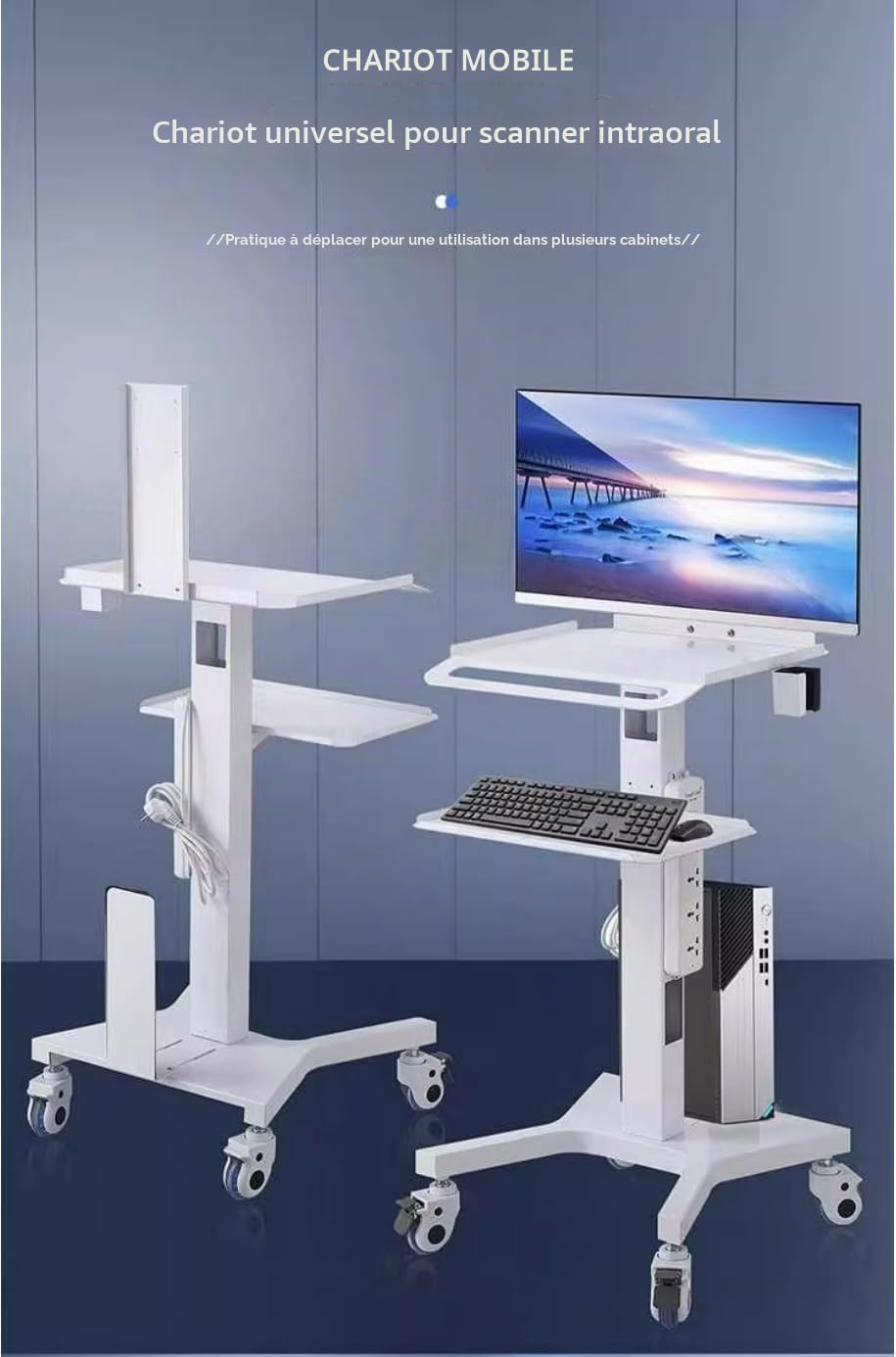 Chariot de travail pour ordinateur portable médical avec roulettes, chariot de laboratoire mobile à hauteur réglable avec support pour scanner - Bureau d'ordinateur mobile robuste pour cliniques