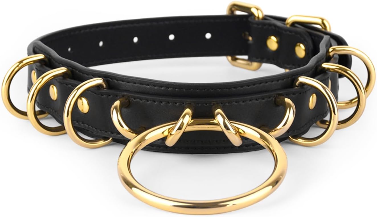 Adjustable Neck Bondage with Round Metal Decor, Wearable and Reusable Neck Collar Belt Adult Sex Toy for Men Women - Gold Metal Decor