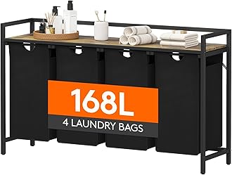 Laundry Hamper 4 Section, 168L Pull out Laundry Clothes Basket Organizer with Large Top Shelf and 4 Removable Bags and Handles for Laundry Room Bedroom Bathroom, Black with A Shelf