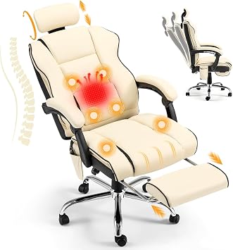 HOMREST 6-Point Massage Office Chair with Heat, 135 Reclining Executive Office Chair with Adjustable Headrest, Ergonomic Computer Chair with Footrest, Beige