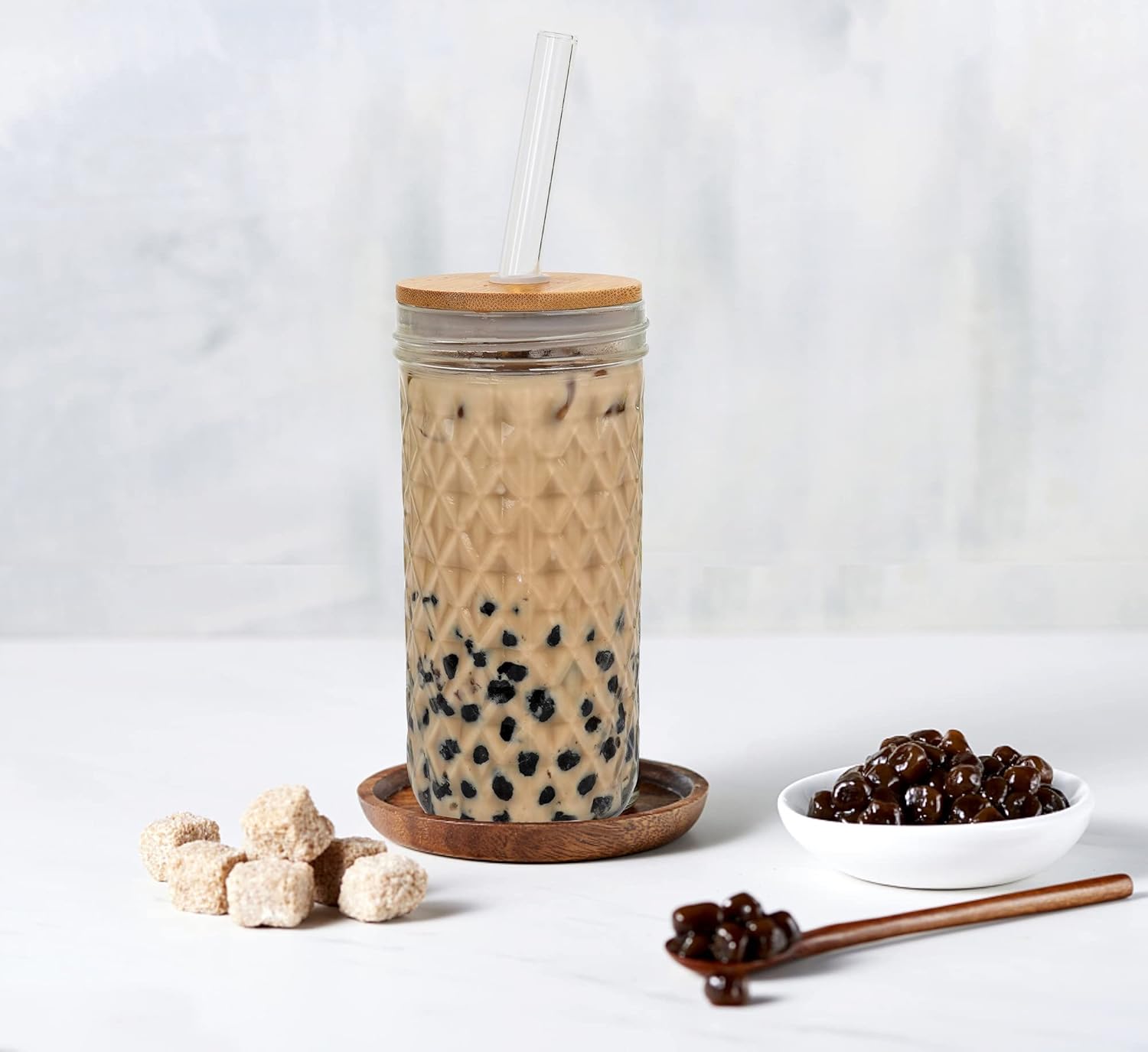 Mason Jar with Lid and Straw, 20oz Wide Mouth Mason Jar Drinking Glasses Tumbler with Silicone Sleeve Bamboo Lid Glass Straw, 2 Packs Reusable Cups Travel Bottle for Iced Coffee Large Pearl Juice - Image 4