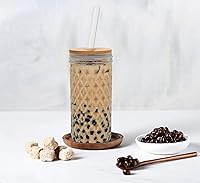 Vista 4 de Tarro con tapa y pajilla, vaso de boca ancha de 20 onzas con funda de silicona y tapa de bambú con pajilla de vidrio, paquete de 2 tazas de viaje