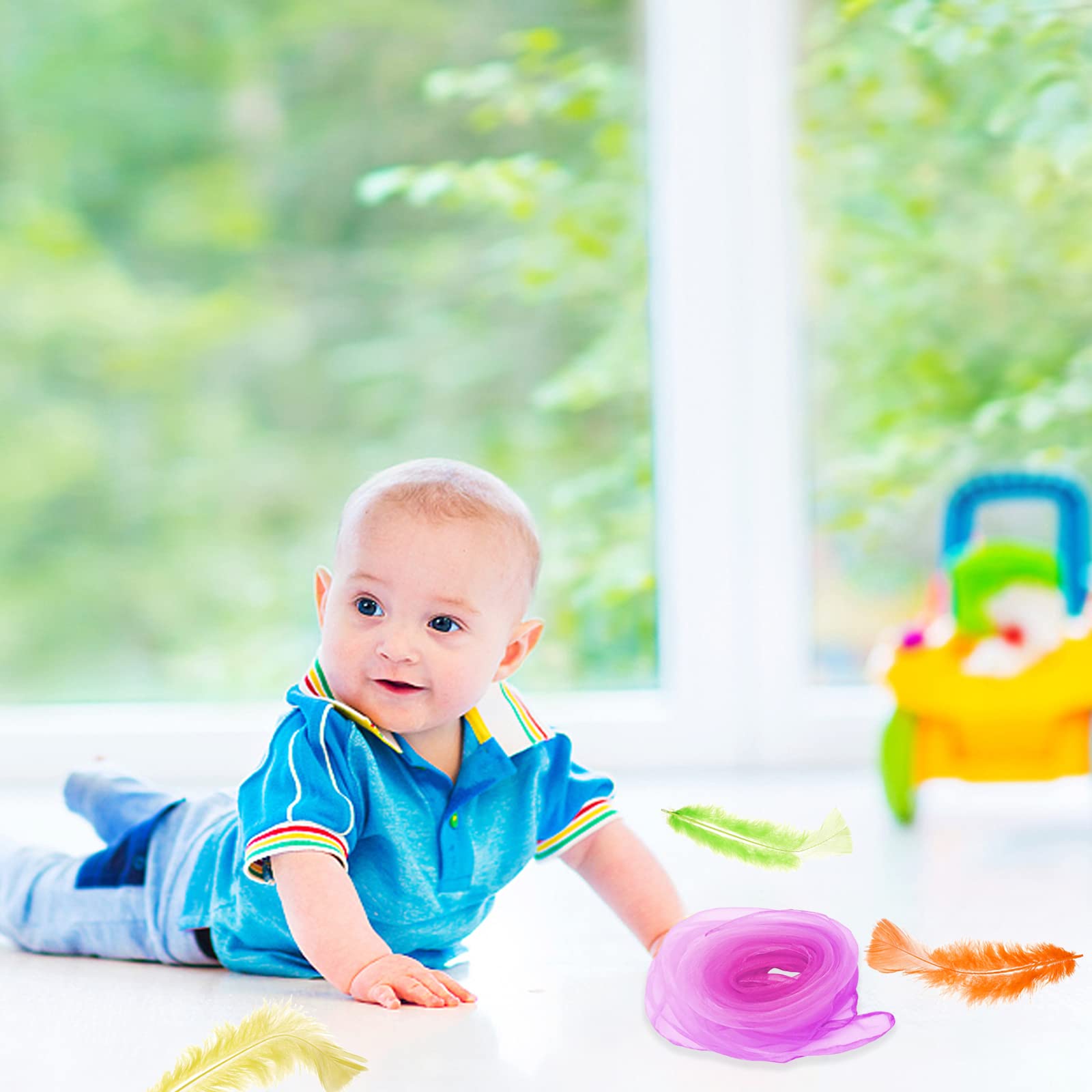 5 Pieces Baby Sensory Toys, Sensory Scarf Feathers and Foil Blanket Set, Sensory Play for Babies Newborn Infants and Toddlers Color Recognition Christening Shower Gift Presents Party Supplies-Pink