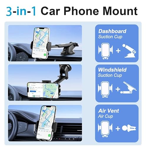 Mlifemful Phone Mount For Car, 3 In 1 Telescopic Long Arm Cell Phone Holder For Iphone & All Smartphone, Dashboard Windshield Vent Clip Compatible, Hands-Free Driving #TOP2