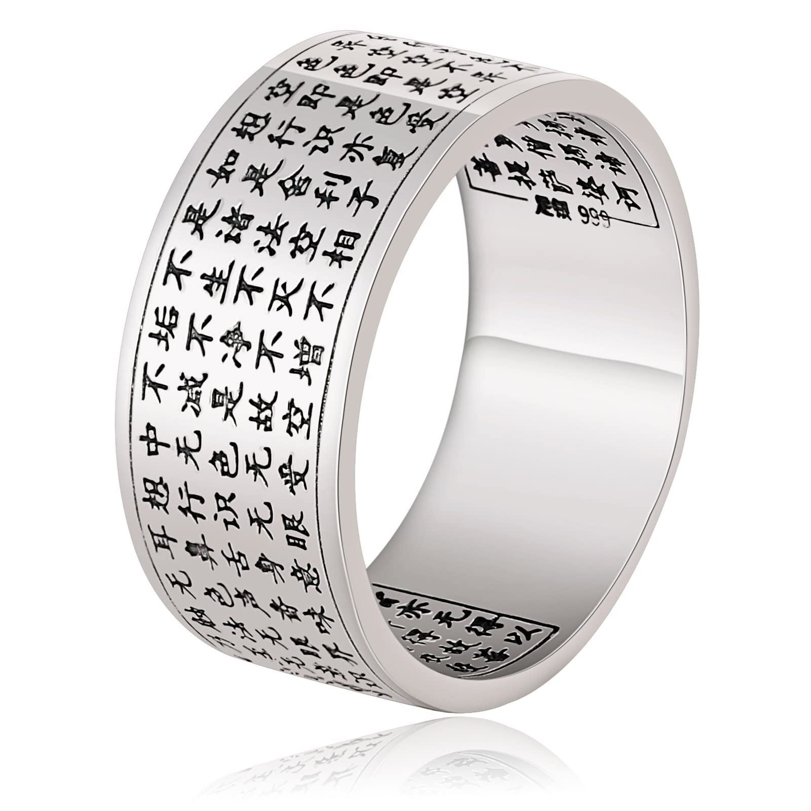 Anillo de Plata para Hombre, Anillos Compromiso Boda Plata de Ley 999 Anillo Budista Punk Rock Grabado Corazón Sutra para Novio