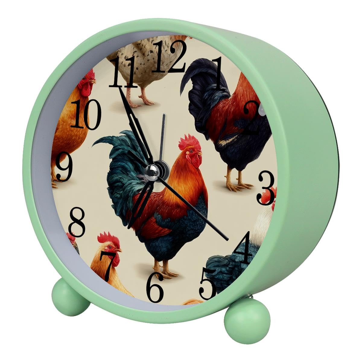 Luoweisi Alarm Clock Chicken Rooster, Silent Non-Ticking with Night Light, Round Metal Alarm Clock for Office, Battery Operated, Bedroom, Elderly, Adults, Children, Student Gifts